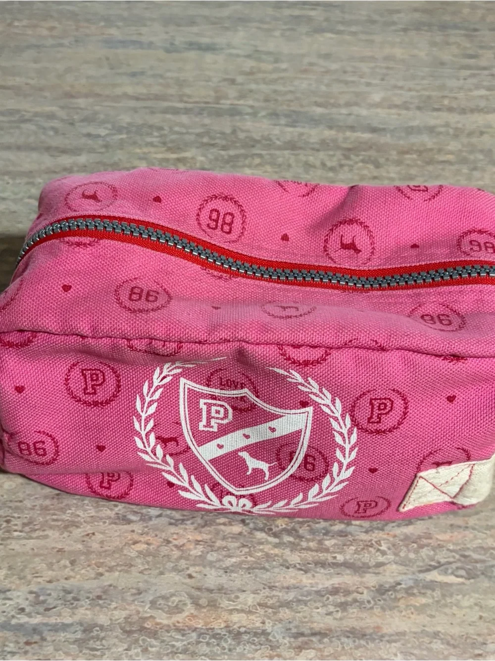 Pink Victoria’s Secret Vintage Pink and White Pouch with Crest and Dog Logo